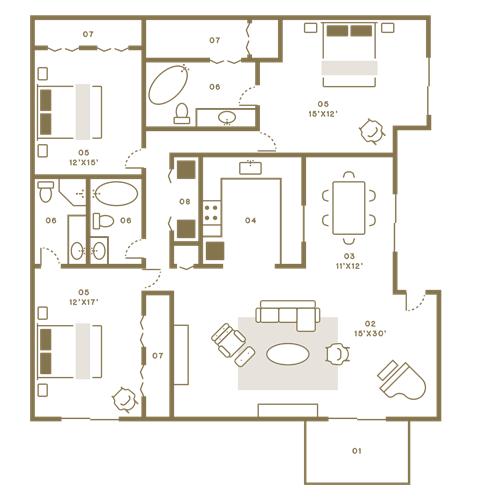 Floor plan for 3 beds, 2 baths, 1910 sqft
